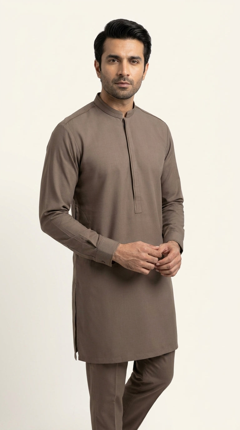 The Warm Mocha — full front view styled as kurta shalwar