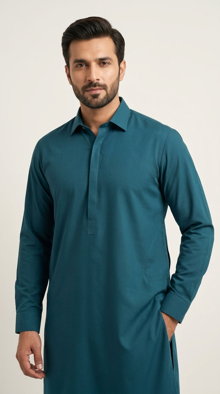 The Deep Teal — full front view styled as kurta with spread collar