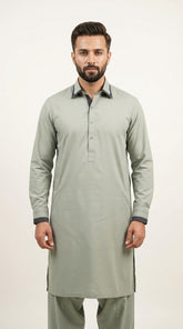 The Pista Green — full front view with charcoal contrast collar