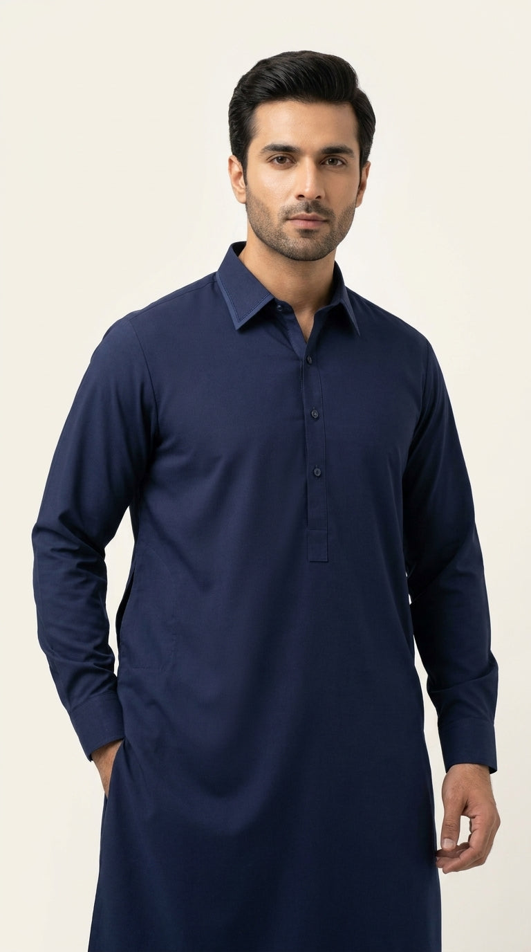 The Deep Ink Navy — walking shot showing full kurta silhouette