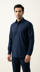 The Midnight Navy — three-quarter view styled as kurta shalwar