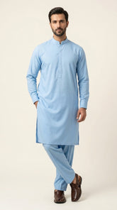 The Sky Blue — three-quarter standing view with thobe silhouette