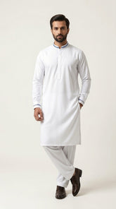The Pure White — full front standing view with embroidered collar and cuff detail