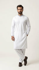 The Pure White — full front standing view with embroidered collar and cuff detail