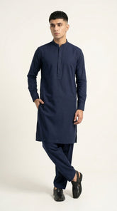 The Navy Blue — full front standing view with concealed placket