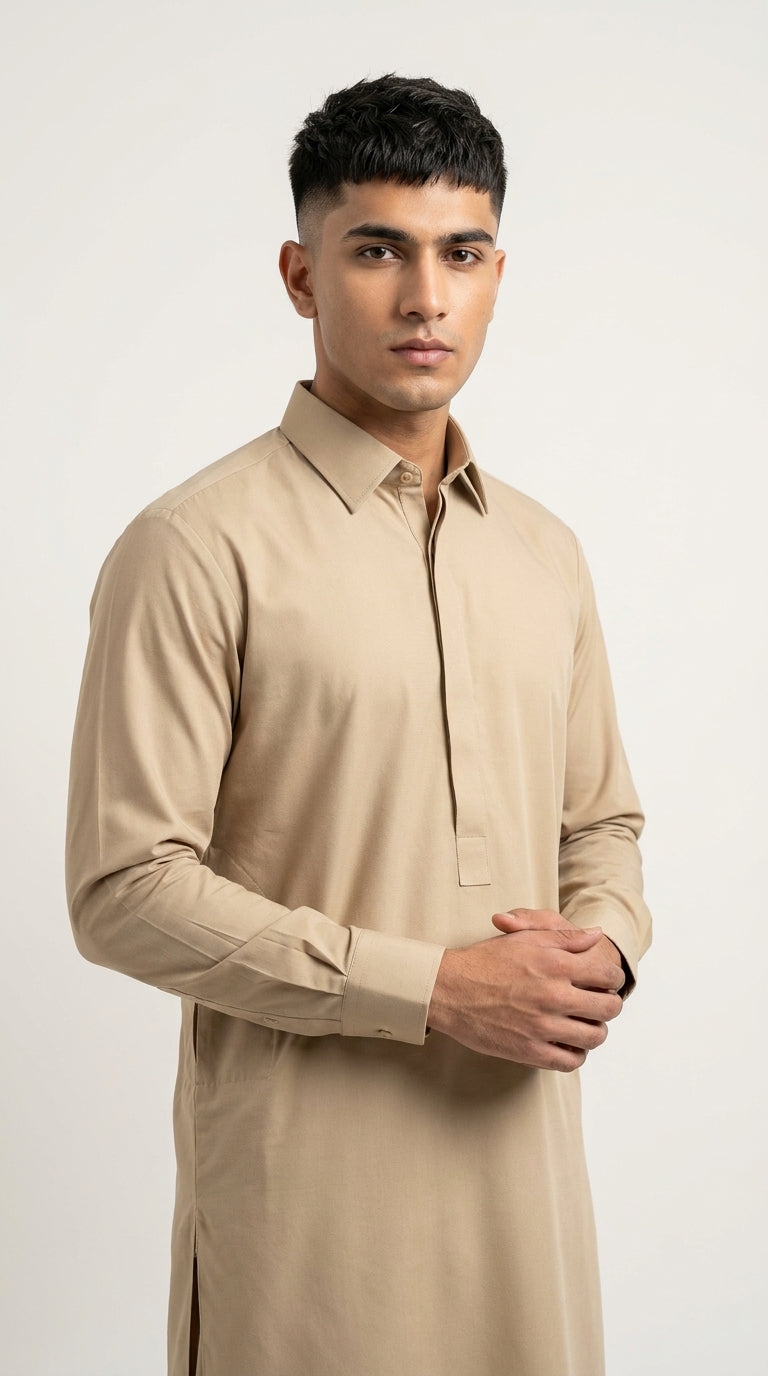 The Camel — full front view with spread collar variant