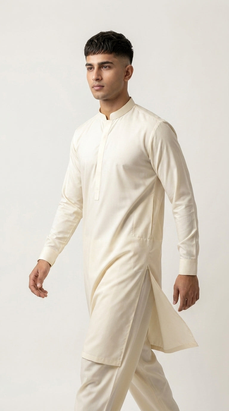 The Ivory Cream — walking three-quarter view showing fluid drape