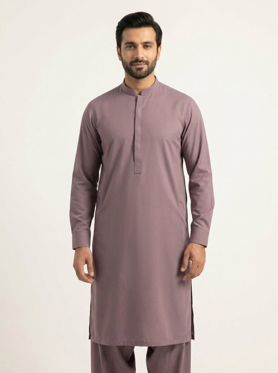 The Dusk Mauve Chen-One unstitched fabric — front view styled as kurta
