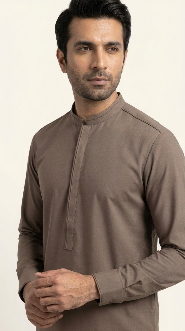 The Warm Mocha — collar and concealed placket close-up detail