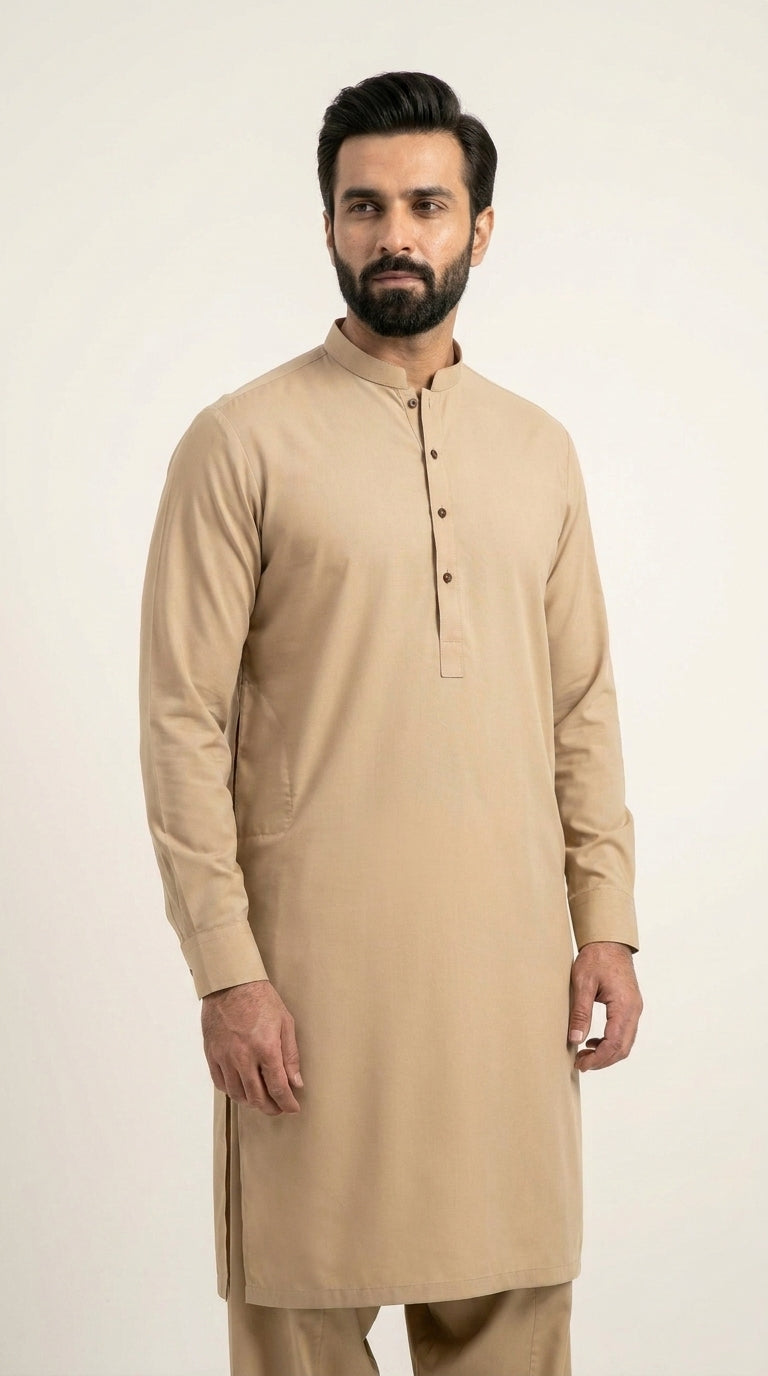The Camel Sand — full front view with band collar and matte buttons
