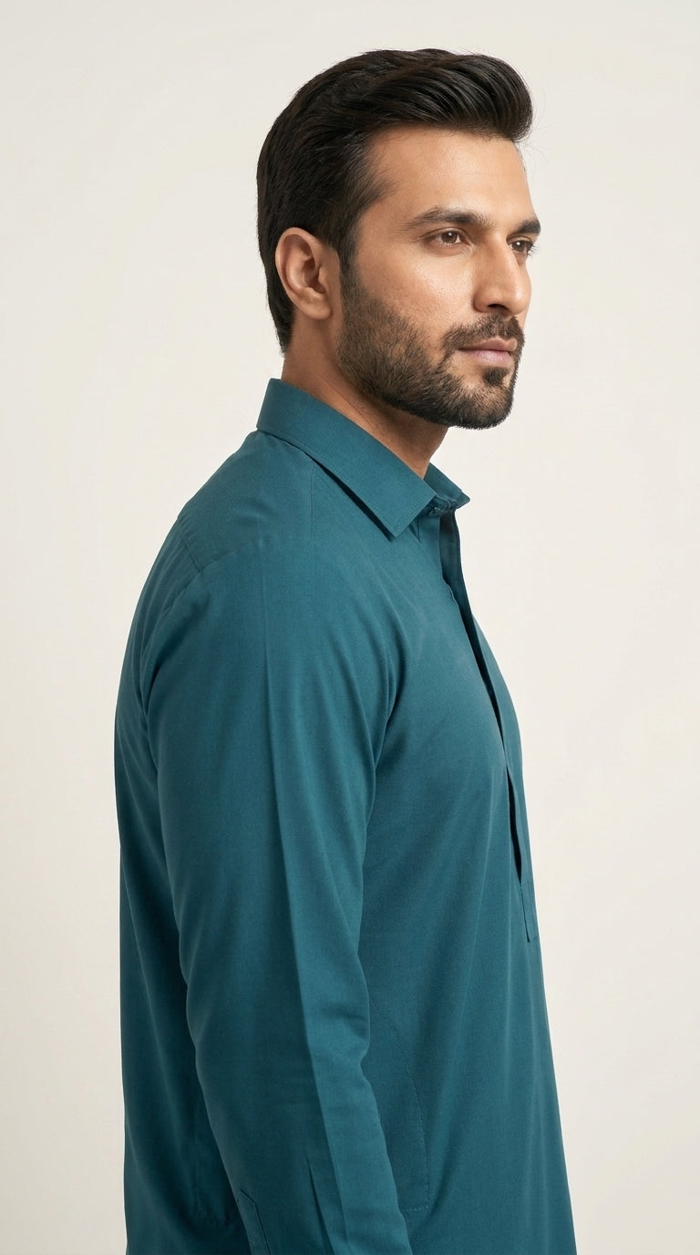The Deep Teal — side profile view showing collar and drape