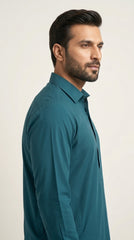 The Deep Teal — side profile view showing collar and drape