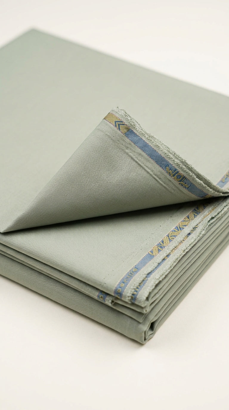 The Pista Green — folded fabric yardage with woven selvedge border