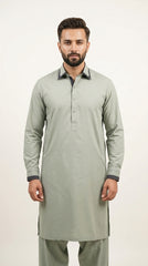 The Pista Green — full front view with charcoal contrast collar