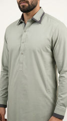 The Pista Green — collar and placket close-up with contrast detail