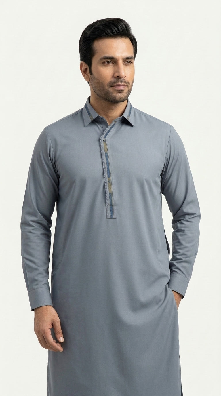 The Steel Grey — three-quarter view with contrast placket detail