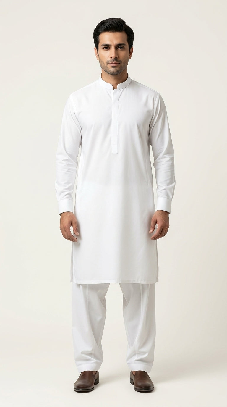 The Arctic White — collar and concealed placket detail close-up