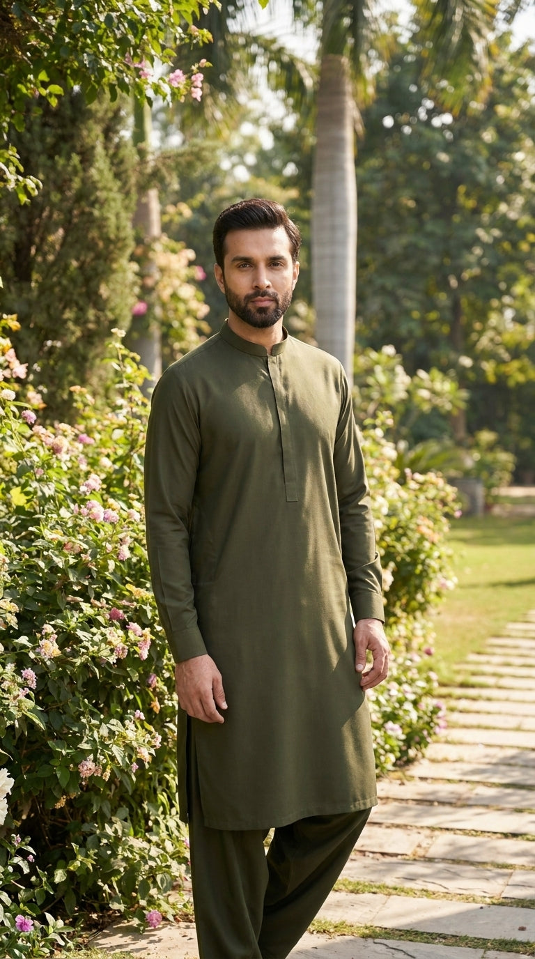 The Olive Regiment — styled as kurta shalwar in garden setting