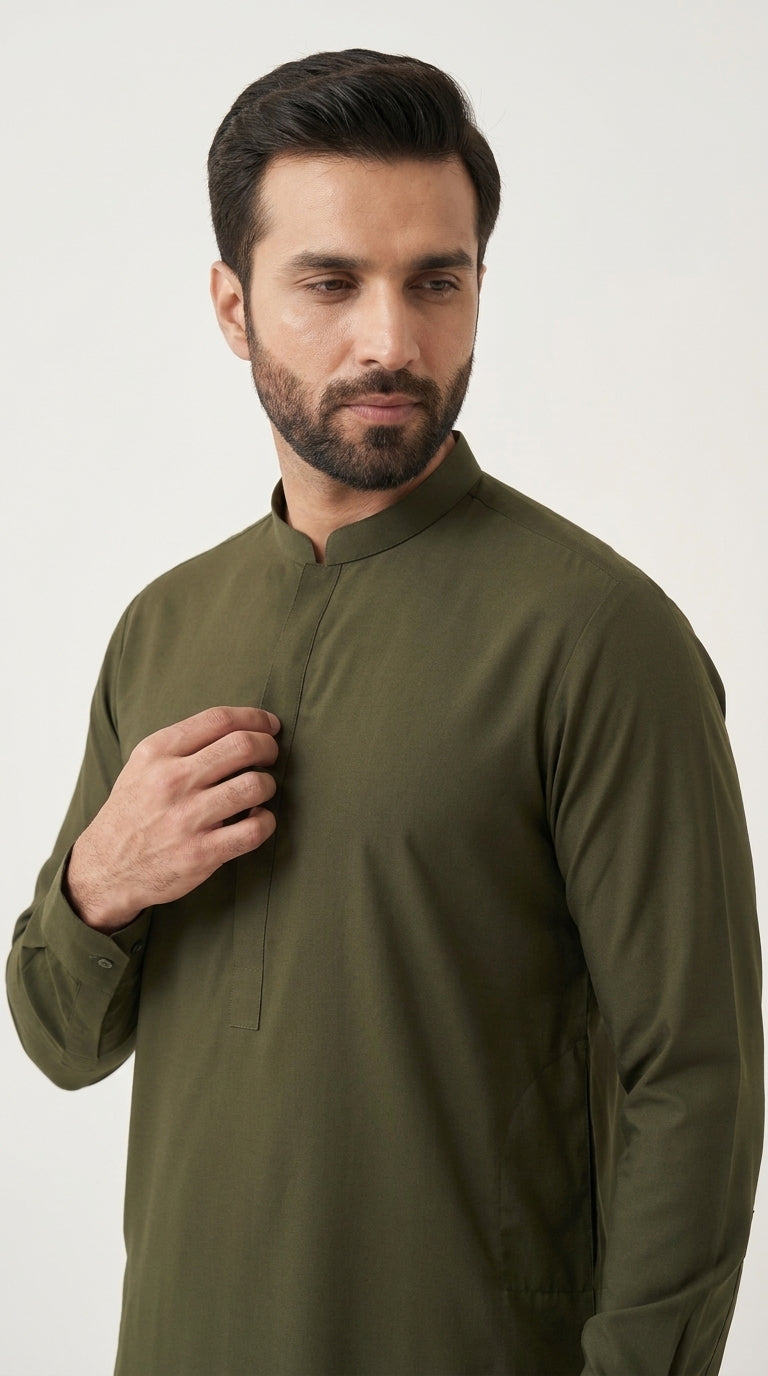 The Olive Regiment — collar and placket detail close-up