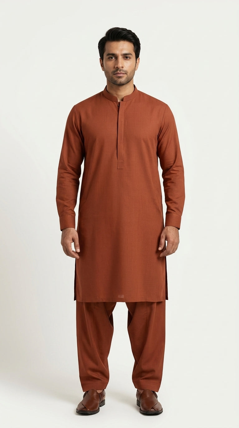 The Malt Copper — full front view styled as kurta shalwar