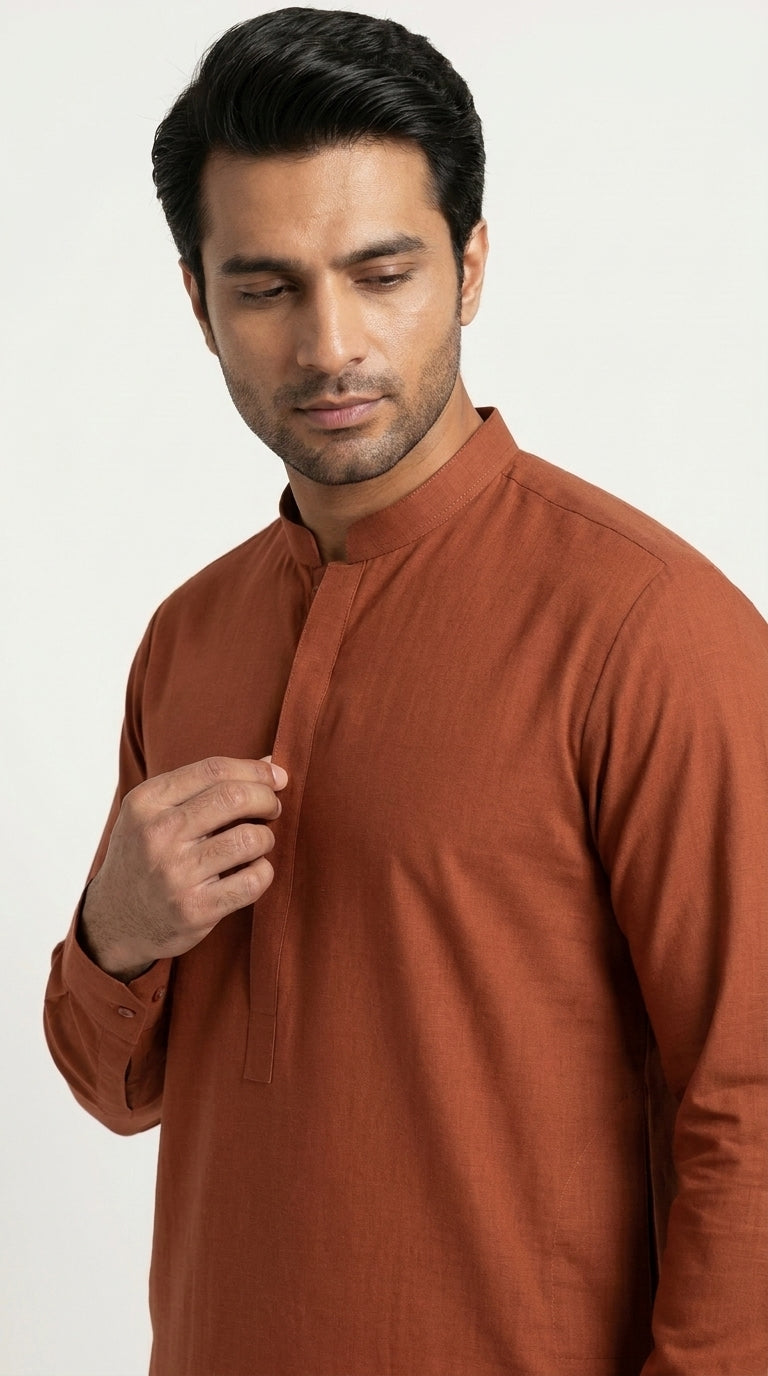 The Malt Copper — collar and placket detail