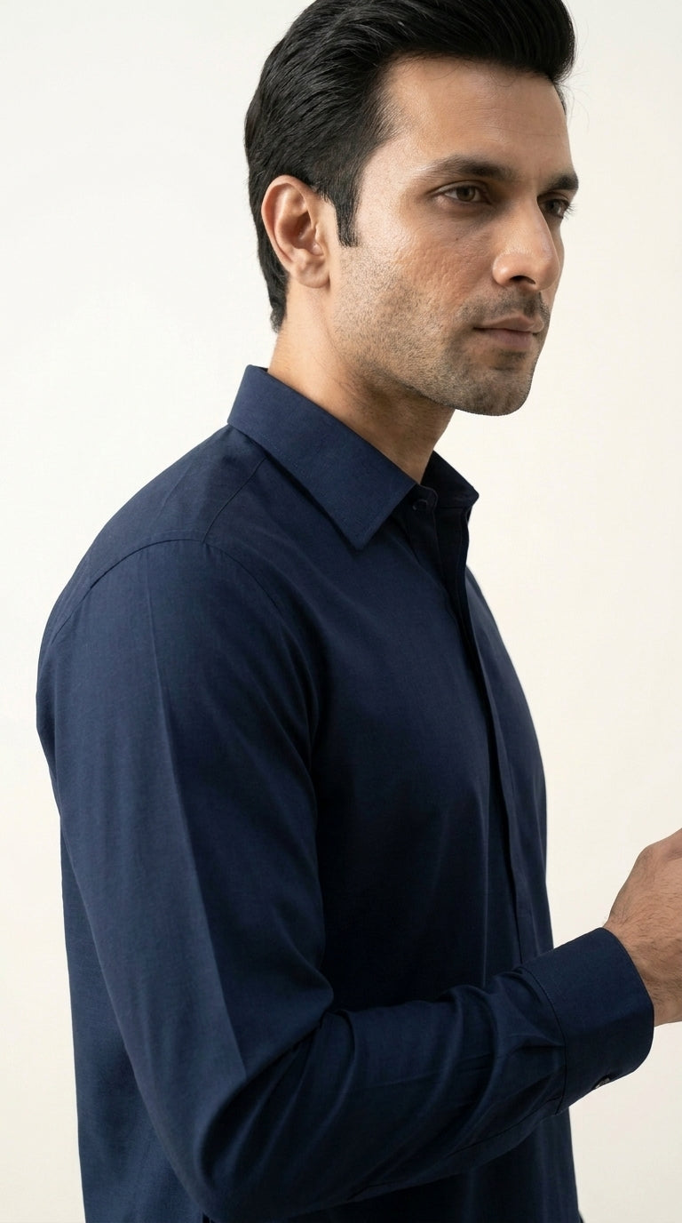 The Midnight Navy — side profile collar detail shot