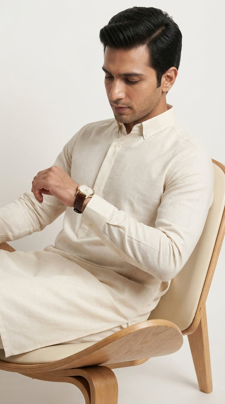 The Ivory Dusk — full front view with button-down collar detail