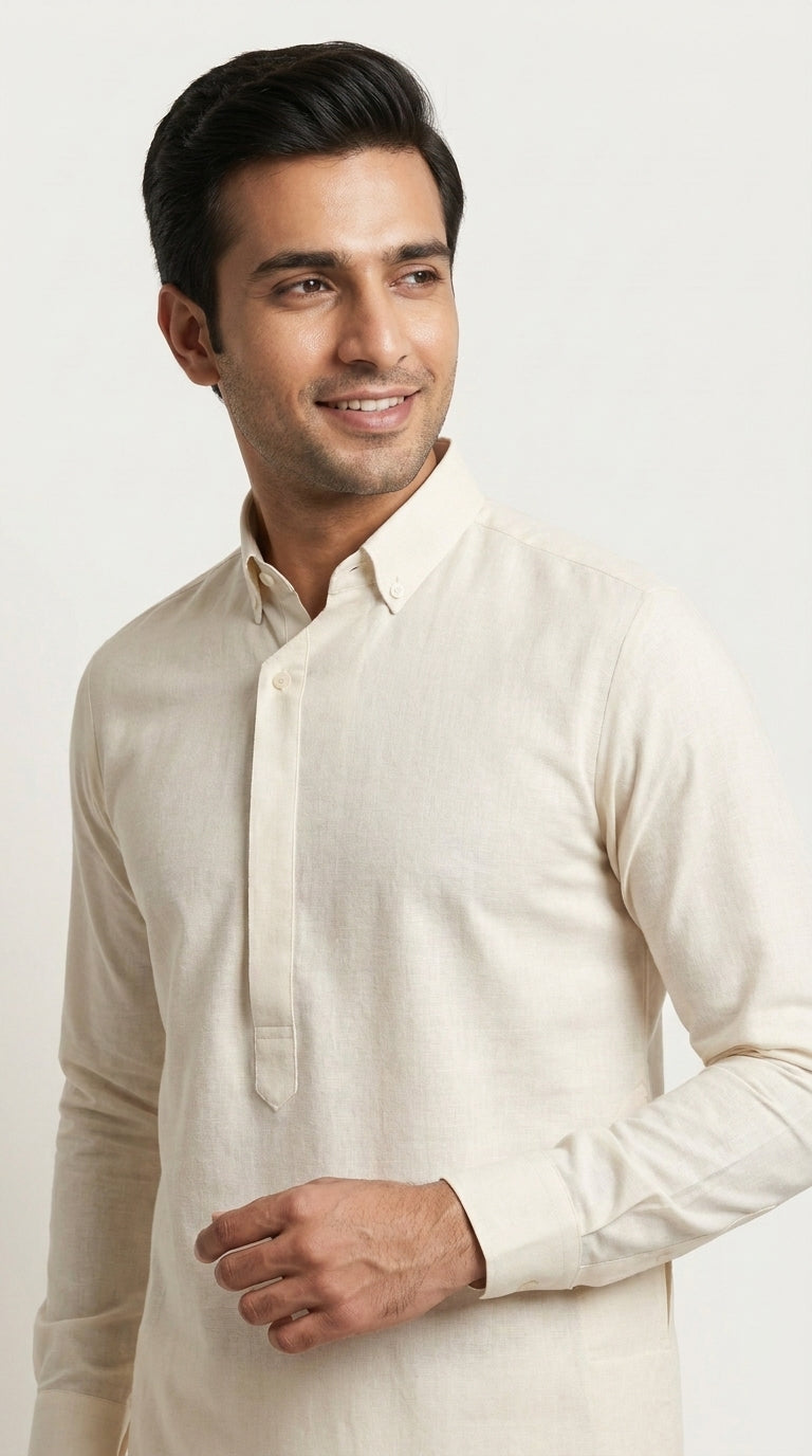 The Ivory Dusk — three-quarter view showing collar and placket
