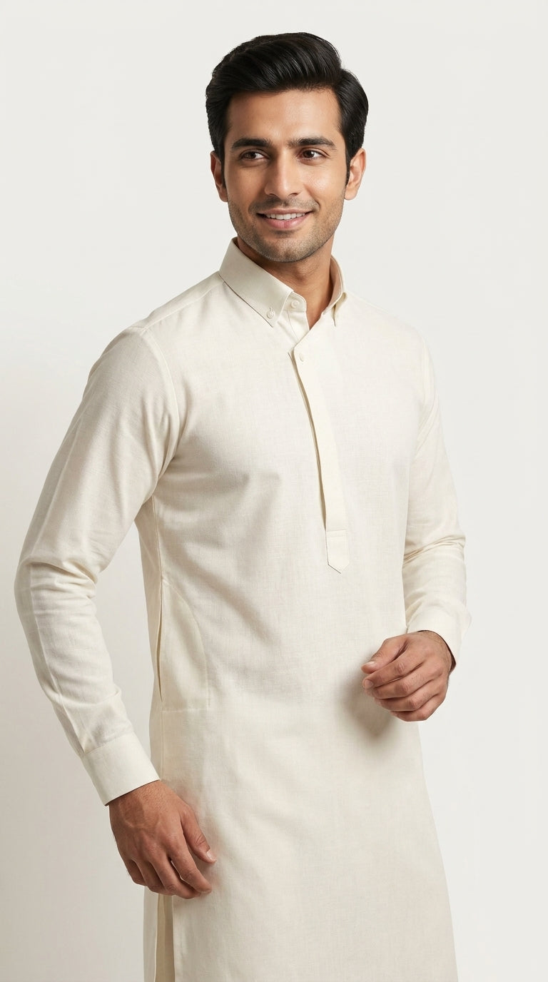 The Ivory Dusk — folded fabric close-up showing weave texture and selvedge