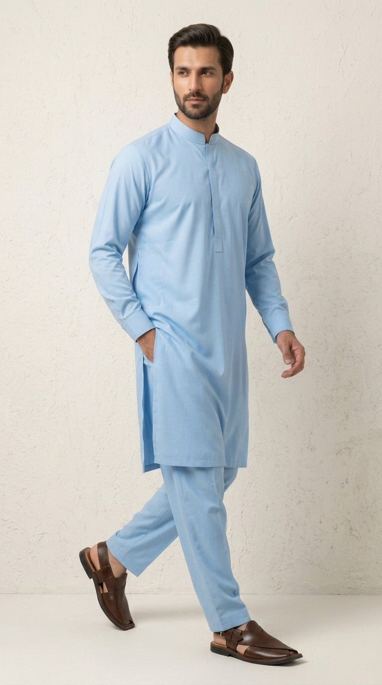 The Sky Blue — full front standing view with band collar