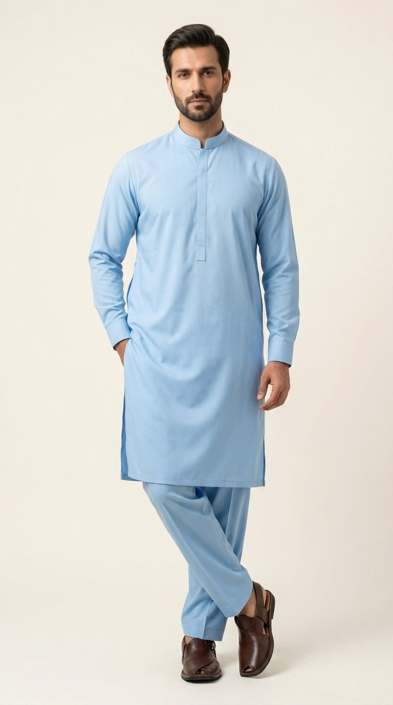 The Sky Blue — three-quarter standing view with thobe silhouette
