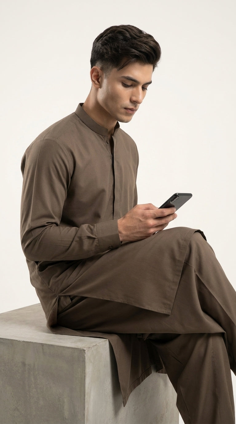 The Choco Brown — walking side profile showing full silhouette and drape