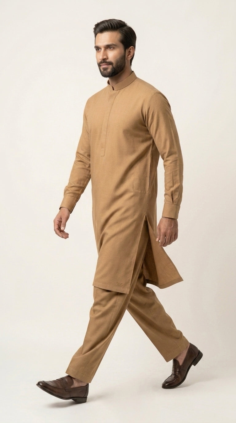 The Chocolate Brown — full front standing view with hands clasped