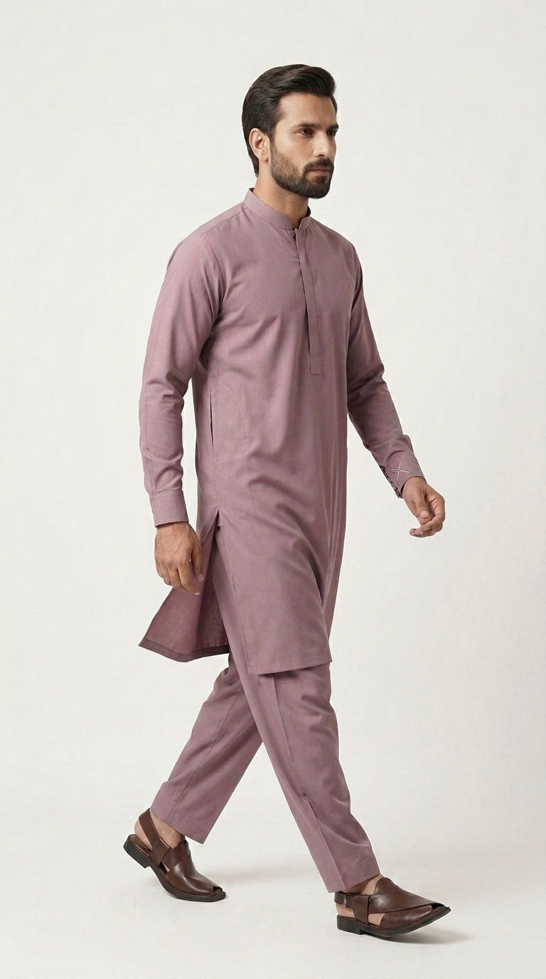The Dusty Rose — walking side profile showing drape and movement