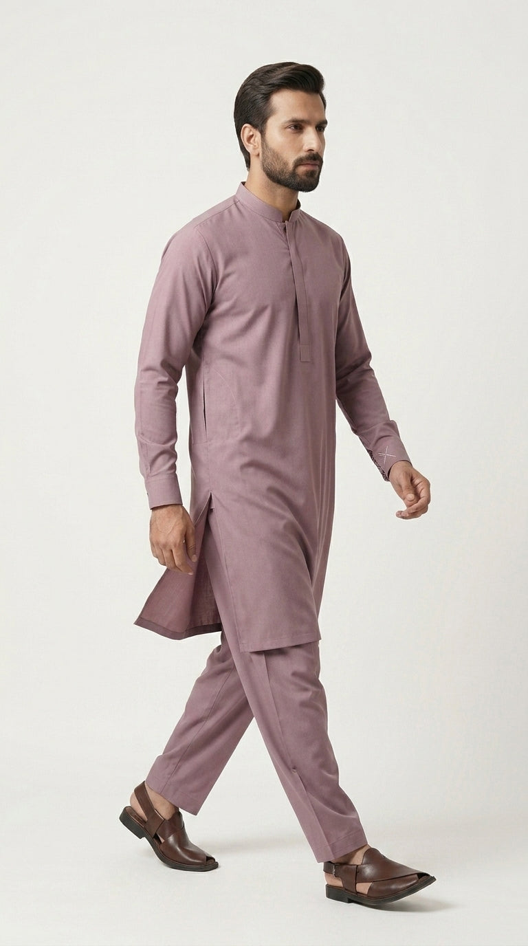 The Dusty Rose — full front standing view with concealed placket