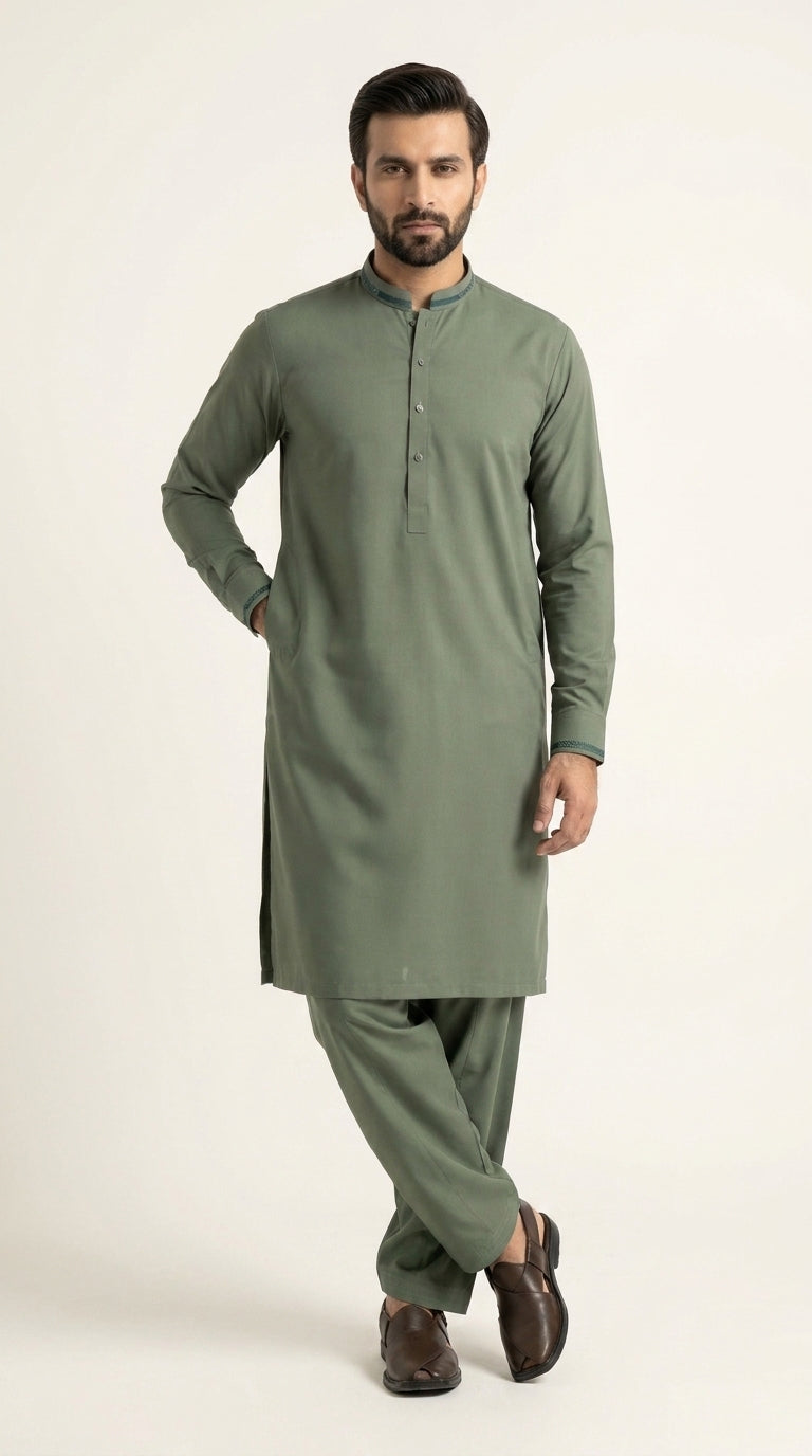 The Pista Green — full front standing view with band collar