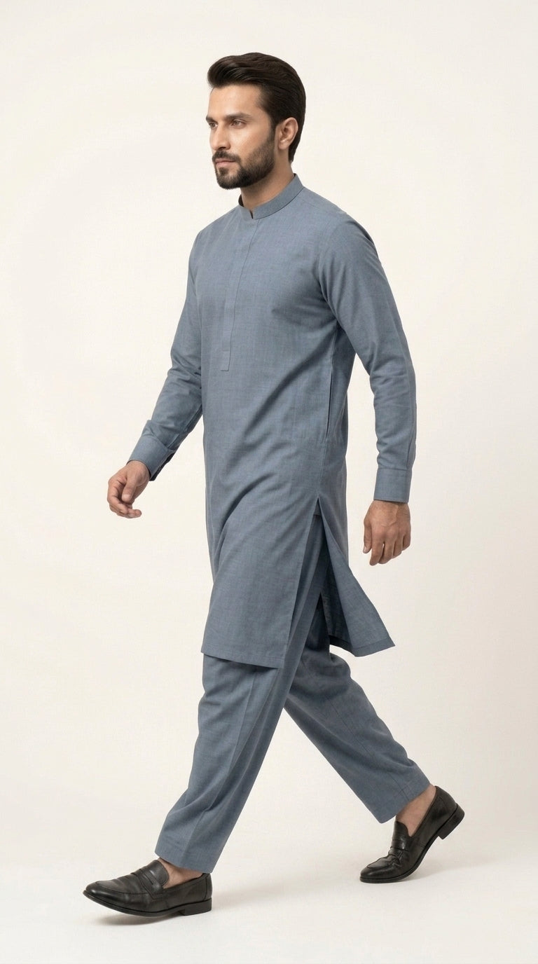The Silver Blue — full front standing view with band collar