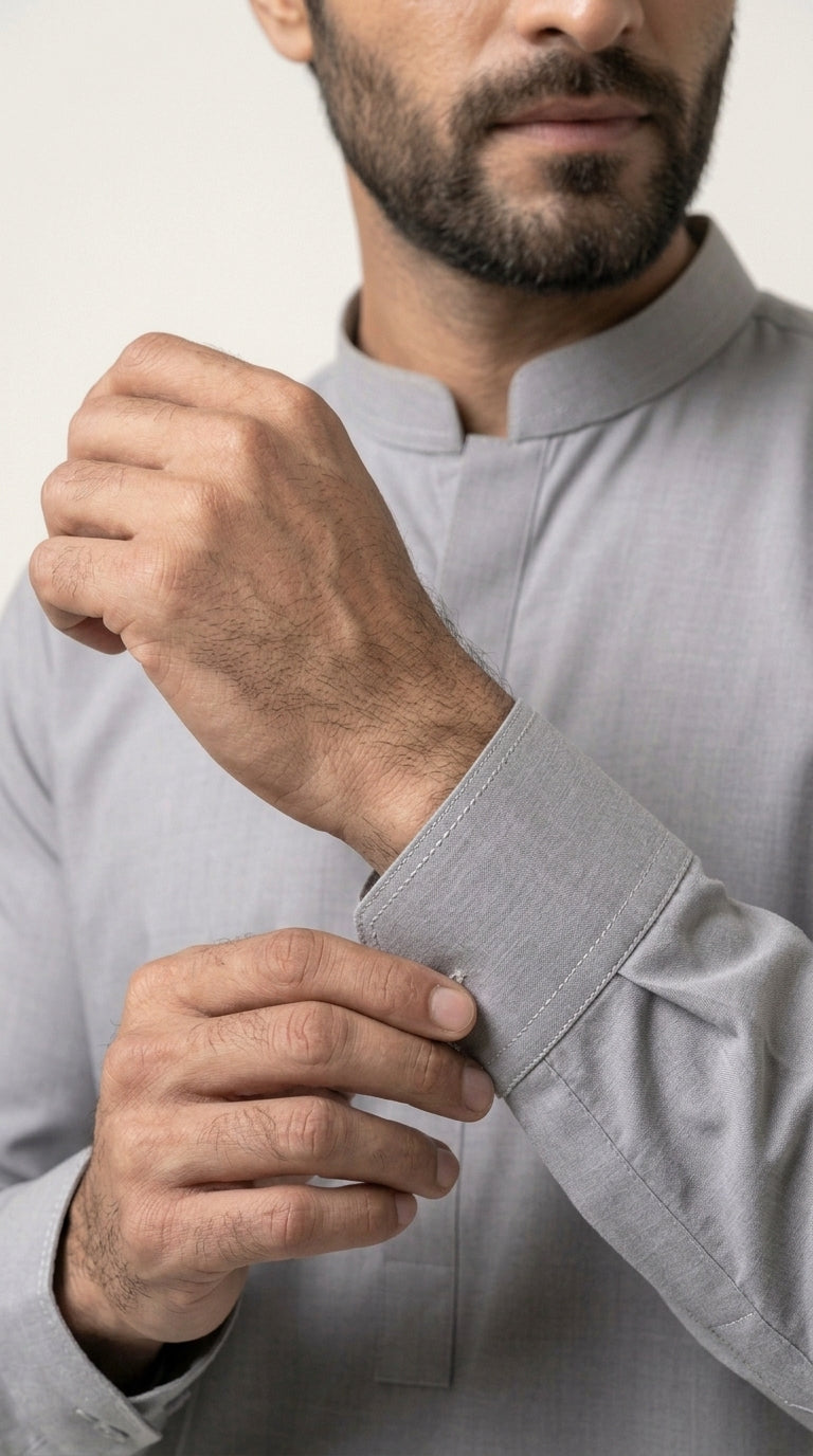The Silver Grey — cuff close-up with blue topstitching detail