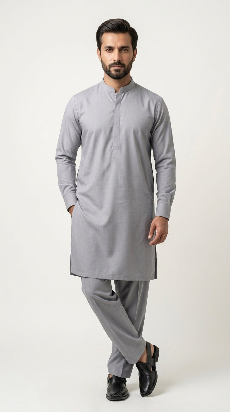 The Silver Grey — full front standing view with band collar