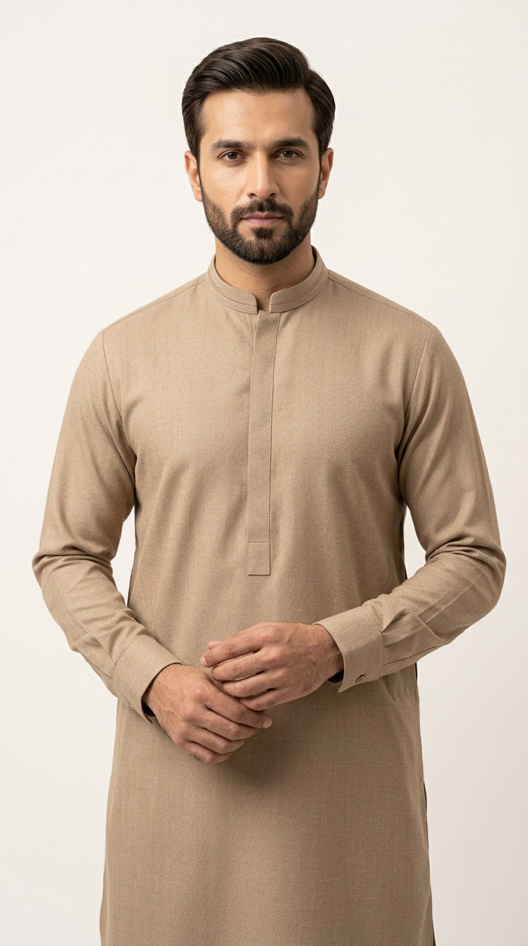 The Camel Brown — full front standing view with band collar and concealed placket