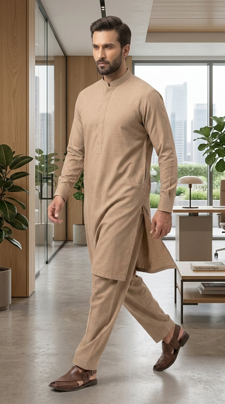 The Camel Brown — editorial office lifestyle shot walking through modern interior