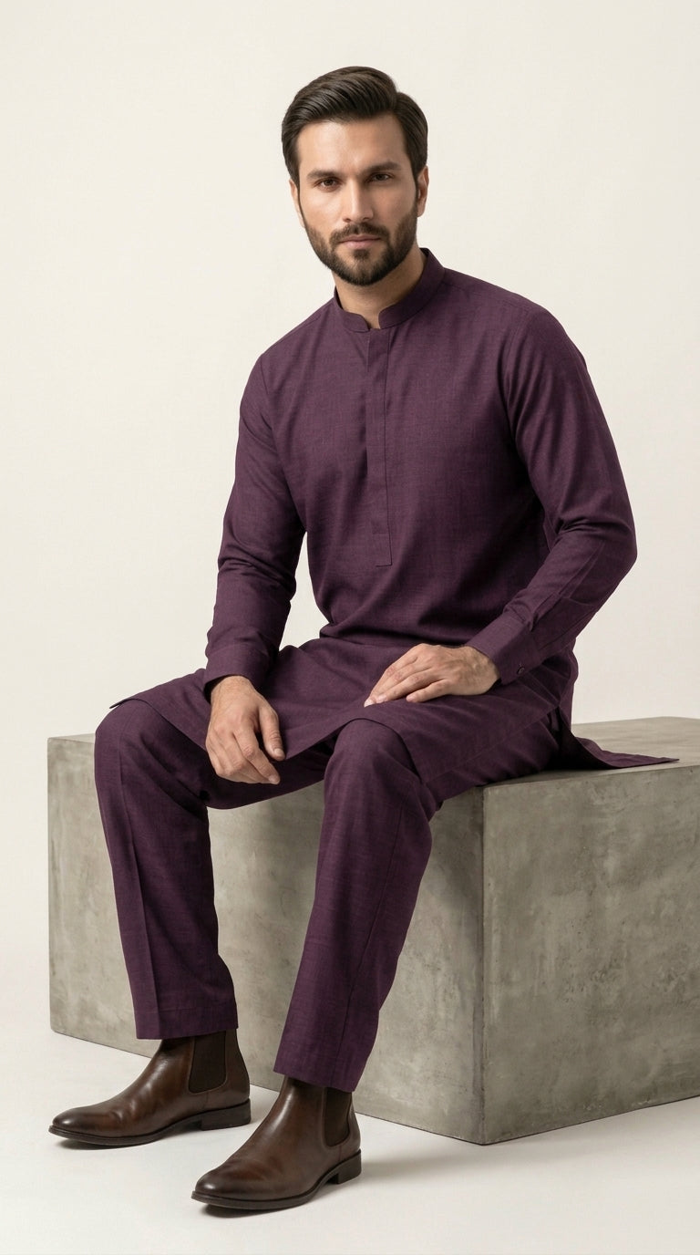 The Mid Purple — walking side profile showing full kurta silhouette