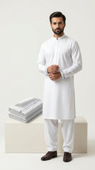 The Pure White — standing view with folded fabric on pedestal showing selvedge label
