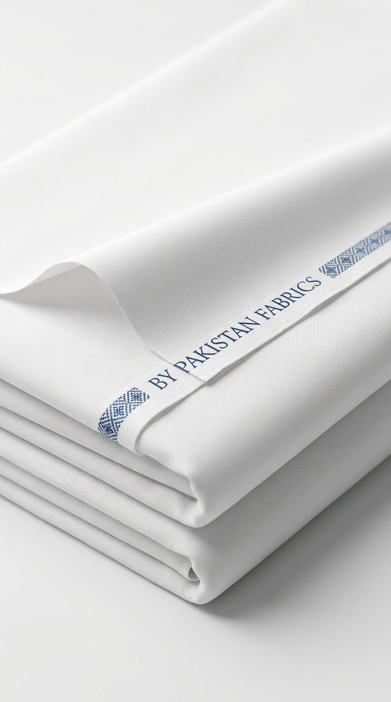 The Pure White — folded fabric stack with BY PAKISTAN FABRICS selvedge label