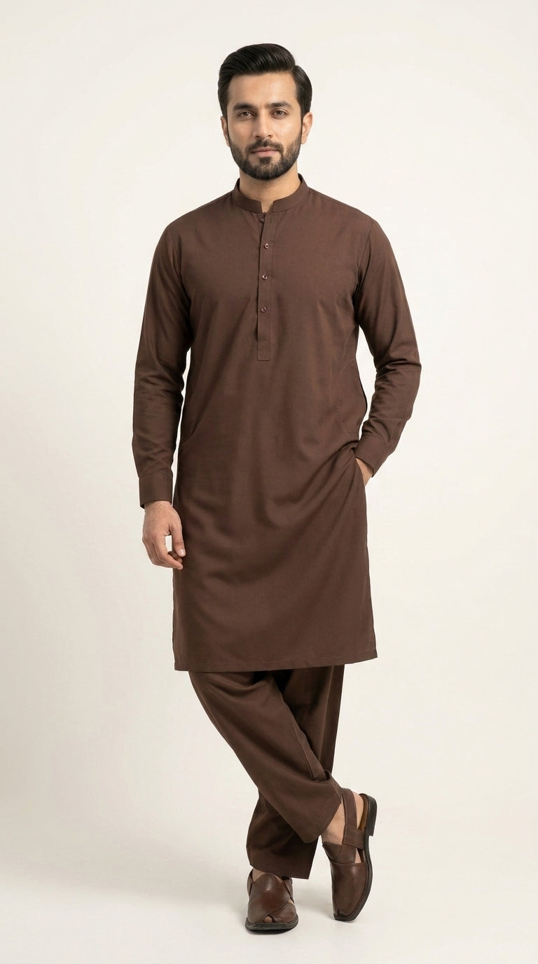 The Coco Brown — full front standing view with shalwar