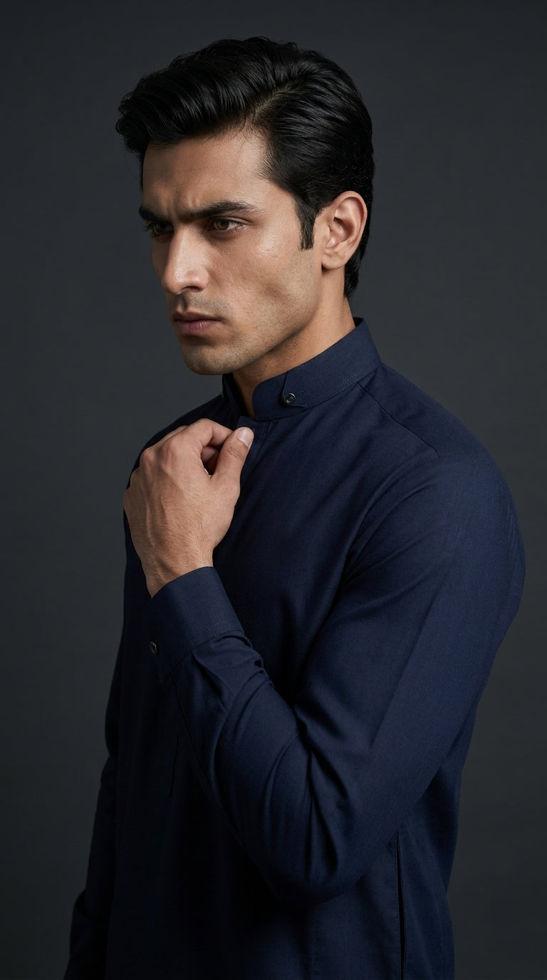 The Midnight Navy — walking side profile showing full silhouette and drape