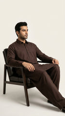 The Choco Brown — seated lifestyle shot with spread collar variant