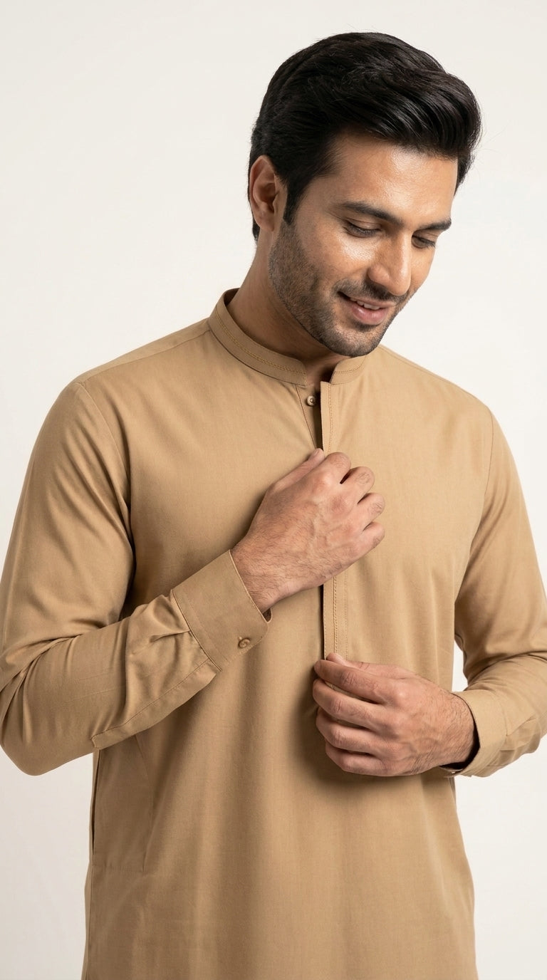 The Camel — collar and cuff close-up with concealed placket detail