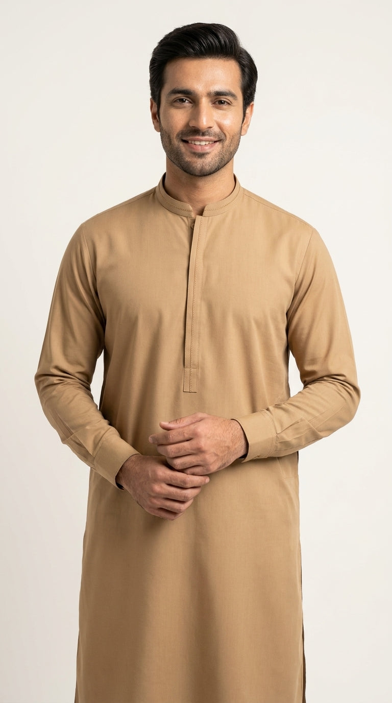 The Camel — full front standing view with band collar