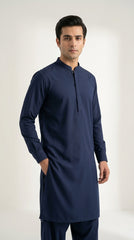 The Navy Blue — full front standing view with band collar and concealed placket